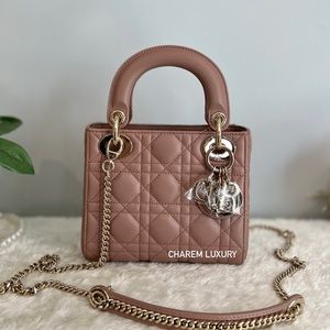 RARE💗🤎 Y2021 Christian Dior MINI LADY DIOR FARD NUDE PINK Lamb Leather BAG GHW